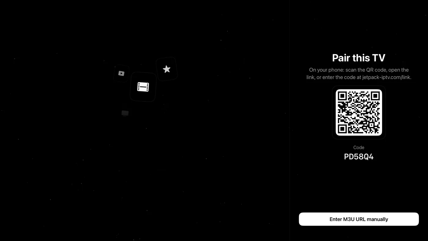Apple TV pairing screen with a code and QR code